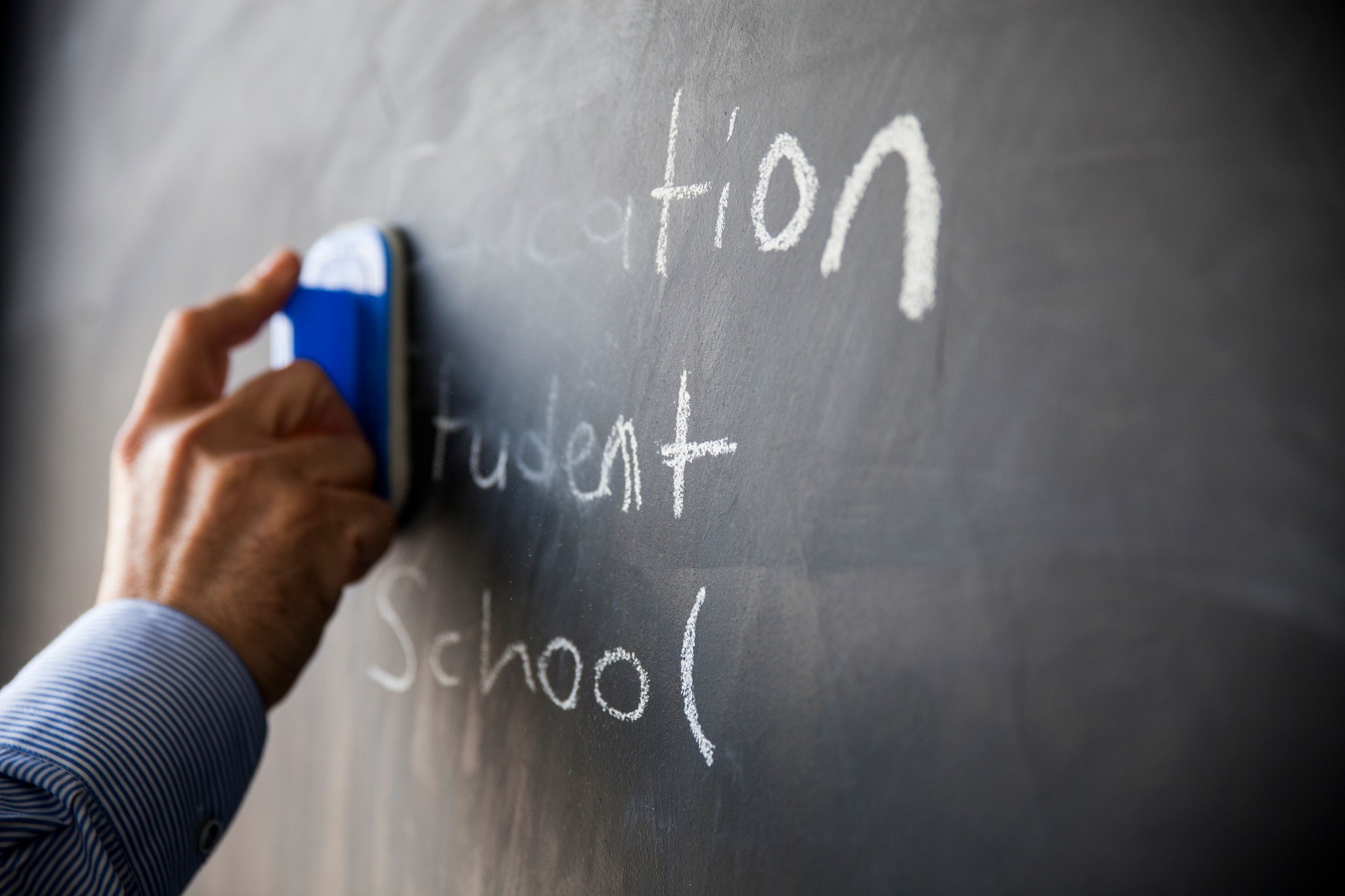 Close-up Of Man's Hands Erasing Writings On Chalkboard